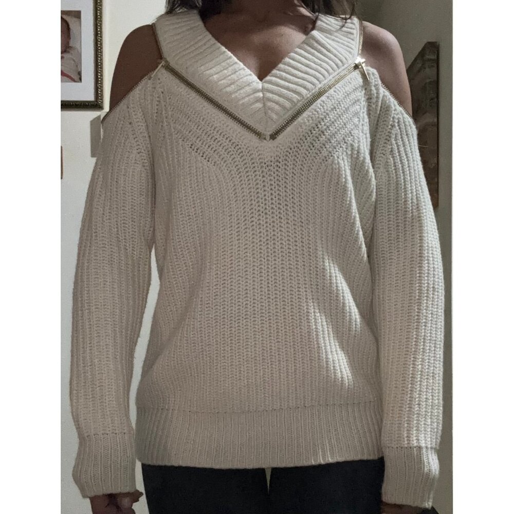 MICHAEL KORS Sweater Women's Size S white Zip Accent Cold Shoulder Knit Top - Picture 2 of 5